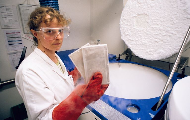 Eine Frau zeigt die kyrokonservierten Blutstammzellen aus Nabelschnurblut